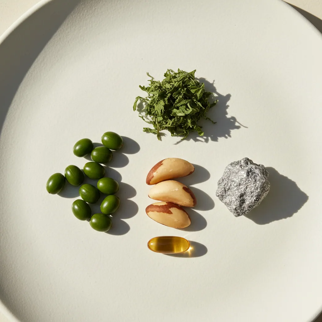Natural wellness ingredients: saw palmetto berries, Brazil nuts, vitamin E capsule, zinc mineral, dried nettle leaves